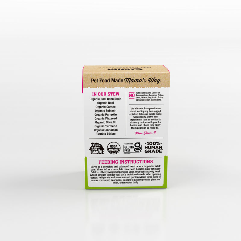 Organic Beef and Veggies Cat Food Recipe. 100% Human Grade, USDA Organic, Non-GMO and Certified Gluten Free. Stew'd in the USA in Bone Broth with Vitamins and Minerals. 12 cartons per case.