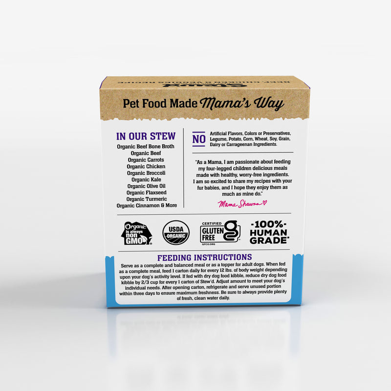 Organic Beef, Chicken and Veggies Dog Food Recipe. 100% Human Grade, USDA Organic, Non-GMO and Certified Gluten Free. Stew'd in the USA in Bone Broth with Vitamins and Minerals. 6 cartons per case.