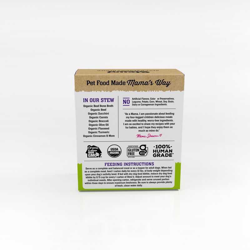 Organic Beef and Veggies Dog Food Recipe. 100% Human Grade, USDA Organic, Non-GMO and Certified Gluten Free. Stew'd in the USA in Bone Broth with Vitamins and Minerals. 6 cartons per case.